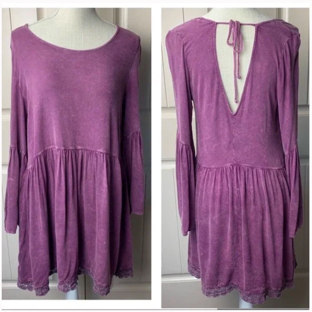 Altar’d State Washed Purple Bell Sleeves Open Back Tie Up Mini Dress